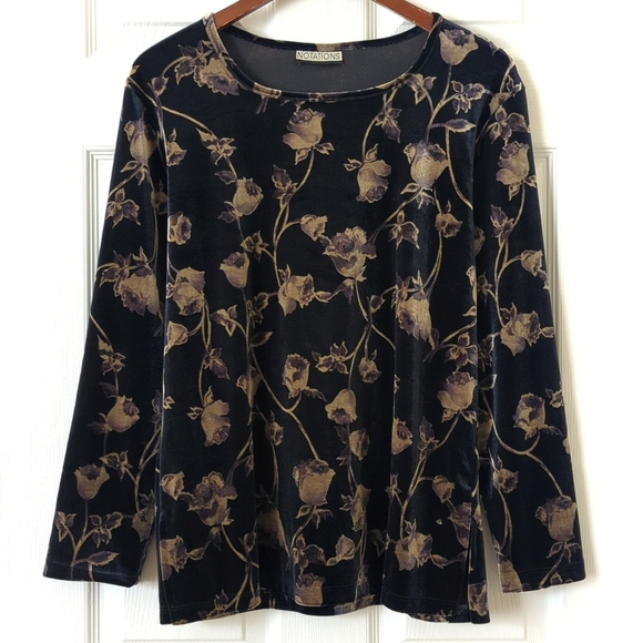 Notations 90's Vintage Whimsigoth Rose Printed Velvet Long Sleeve Top Black L - Picture 1 of 10